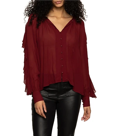 Sanctuary Harmony V-Neck Button Front Ruffle Long Sleeve Georgette Blouse