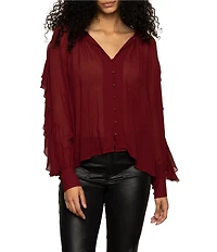 Sanctuary Harmony V-Neck Button Front Ruffle Long Sleeve Georgette Blouse