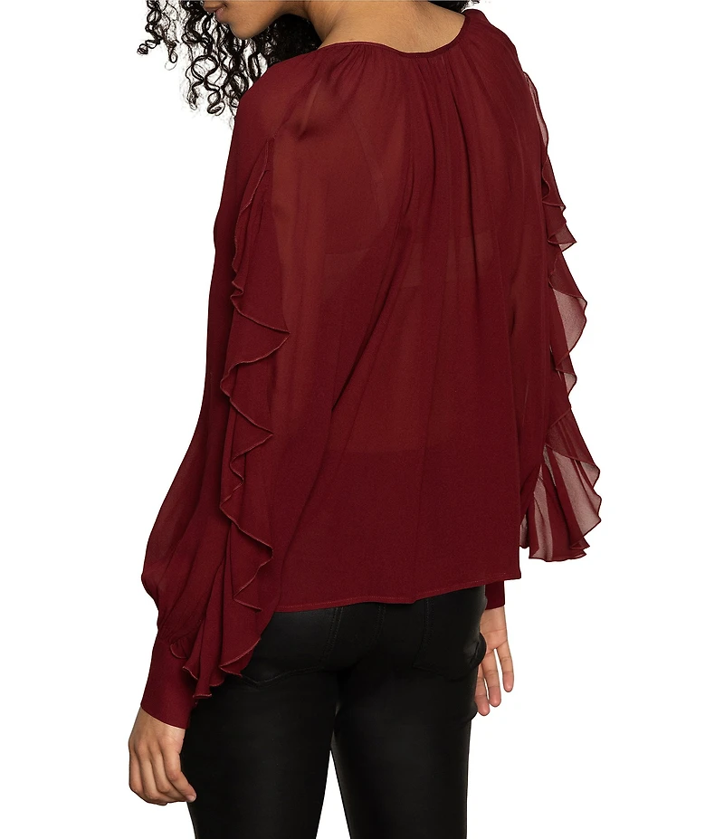 Sanctuary Harmony V-Neck Button Front Ruffle Long Sleeve Georgette Blouse