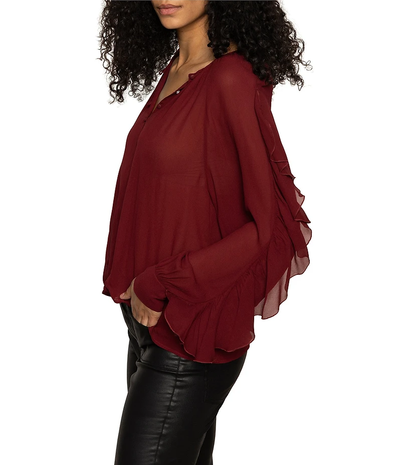 Sanctuary Harmony V-Neck Button Front Ruffle Long Sleeve Georgette Blouse