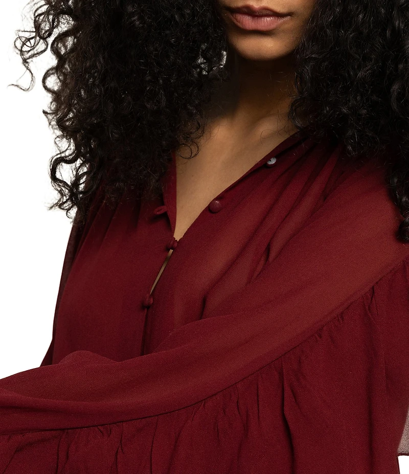 Sanctuary Harmony V-Neck Button Front Ruffle Long Sleeve Georgette Blouse