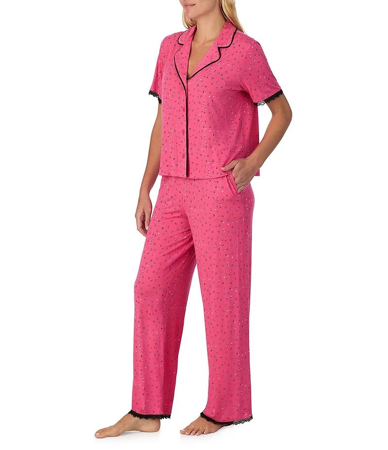 Sanctuary Heart Print Short Sleeve Notch Collar Knit Long Pajama Set