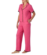 Sanctuary Heart Print Short Sleeve Notch Collar Knit Long Pajama Set