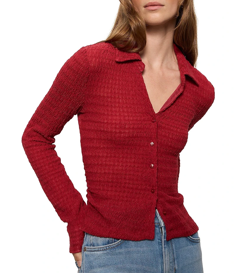 Sanctuary Juno Textured Spread Collar Long Sleeve Button Front Knit Top