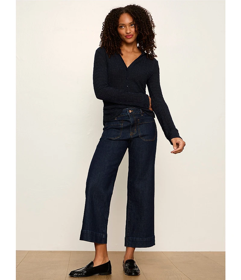 Sanctuary Juno Textured Spread Collar Long Sleeve Button Front Knit Top