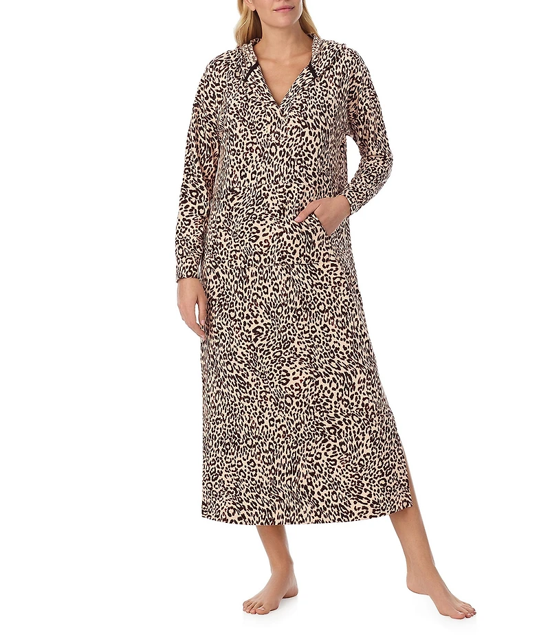 Sanctuary Long Sleeve V-Neck Hooded Brushed Jersey Knit Animal Print Tunic