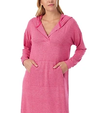 Sanctuary Long Sleeve V-Neck Hooded Brushed Jersey Knit Tunic