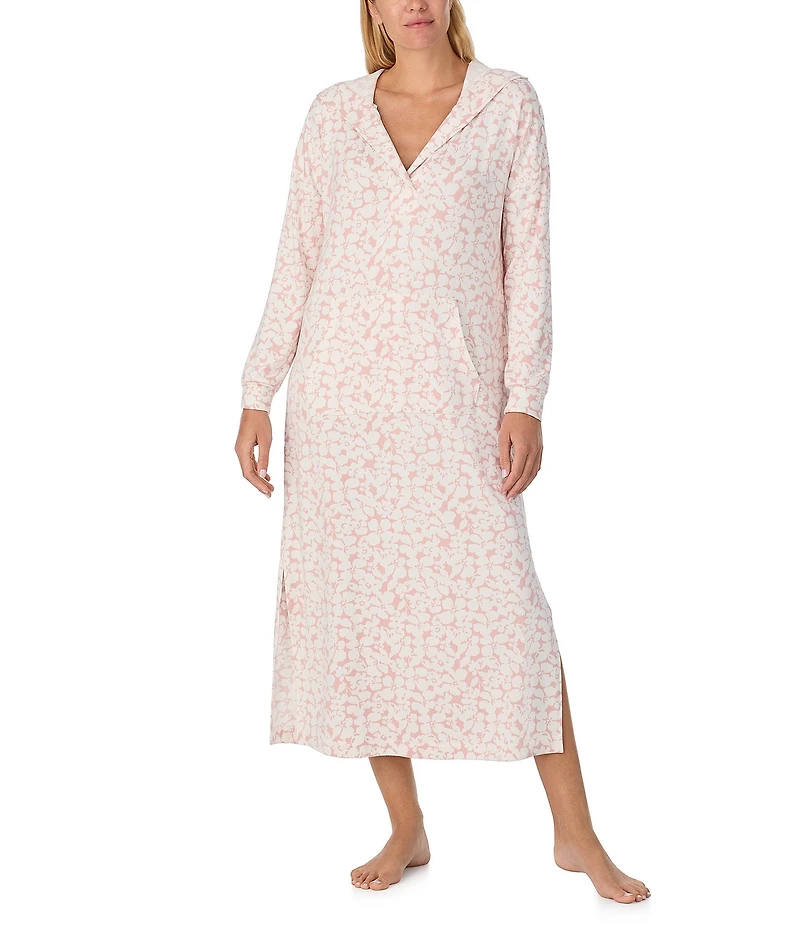 Sanctuary Long Sleeve V-Neck Hooded Knit Floral Print Tunic