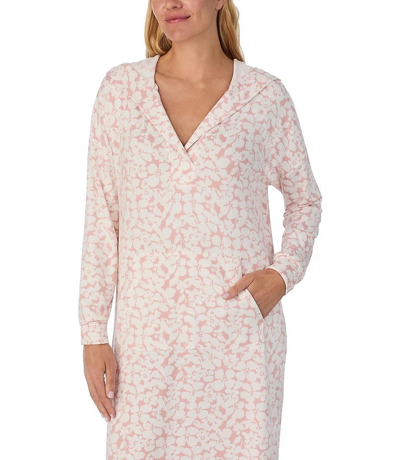 Sanctuary Long Sleeve V-Neck Hooded Knit Floral Print Tunic