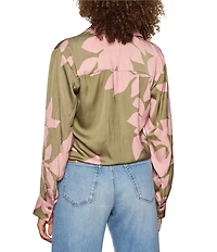 Sanctuary Lover Tie Floral Printed Spread Collar Long Sleeve Crinkle Sateen Shirt