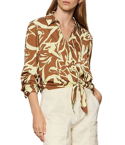 Sanctuary Lover Tie Lemon Root Printed Spread Collar Long Sleeve Crinkle Sateen Shirt