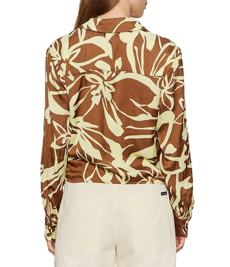 Sanctuary Lover Tie Lemon Root Printed Spread Collar Long Sleeve Crinkle Sateen Shirt