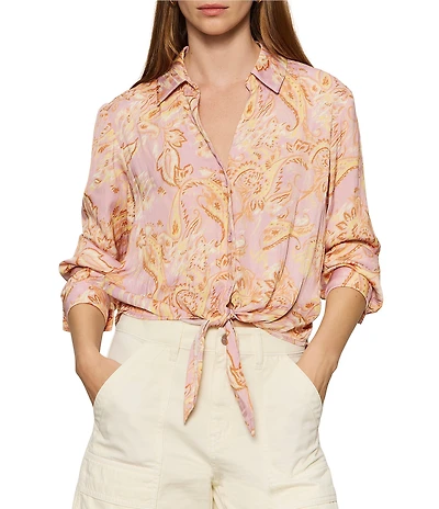 Sanctuary Lover Tie Whimsy Printed Spread Collar Long Sleeve Crinkle Sateen Shirt