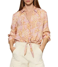Sanctuary Lover Tie Whimsy Printed Spread Collar Long Sleeve Crinkle Sateen Shirt