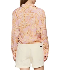 Sanctuary Lover Tie Whimsy Printed Spread Collar Long Sleeve Crinkle Sateen Shirt