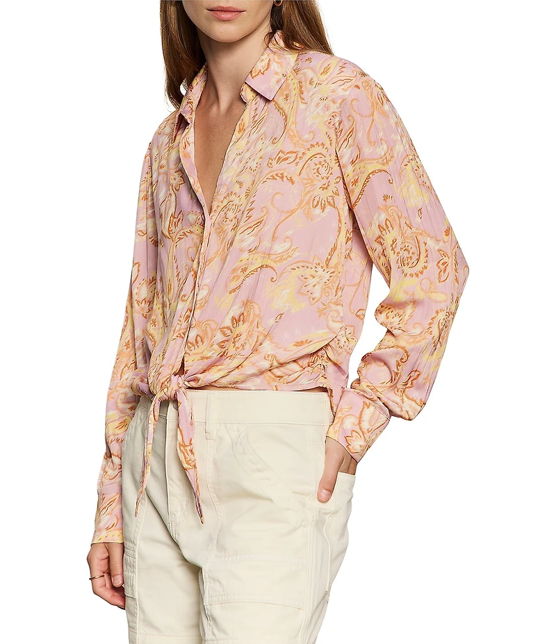 Sanctuary Lover Tie Whimsy Printed Spread Collar Long Sleeve Crinkle Sateen Shirt