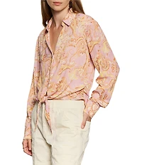 Sanctuary Lover Tie Whimsy Printed Spread Collar Long Sleeve Crinkle Sateen Shirt
