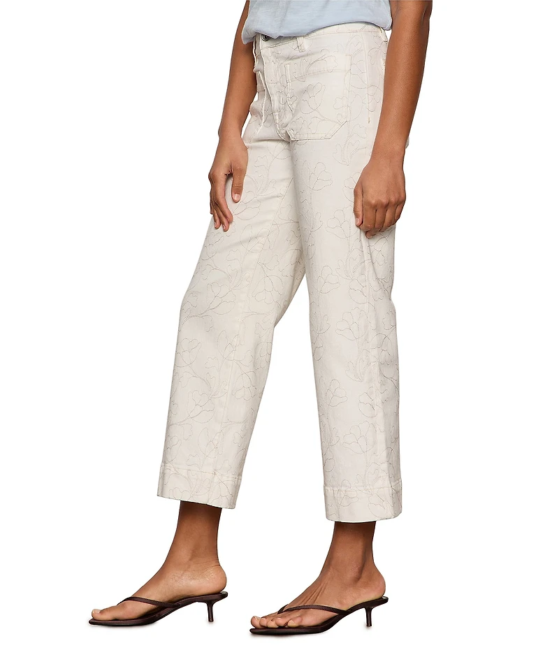 Sanctuary Marine Floral Embroidered Wide-Leg Cropped Denim Jeans
