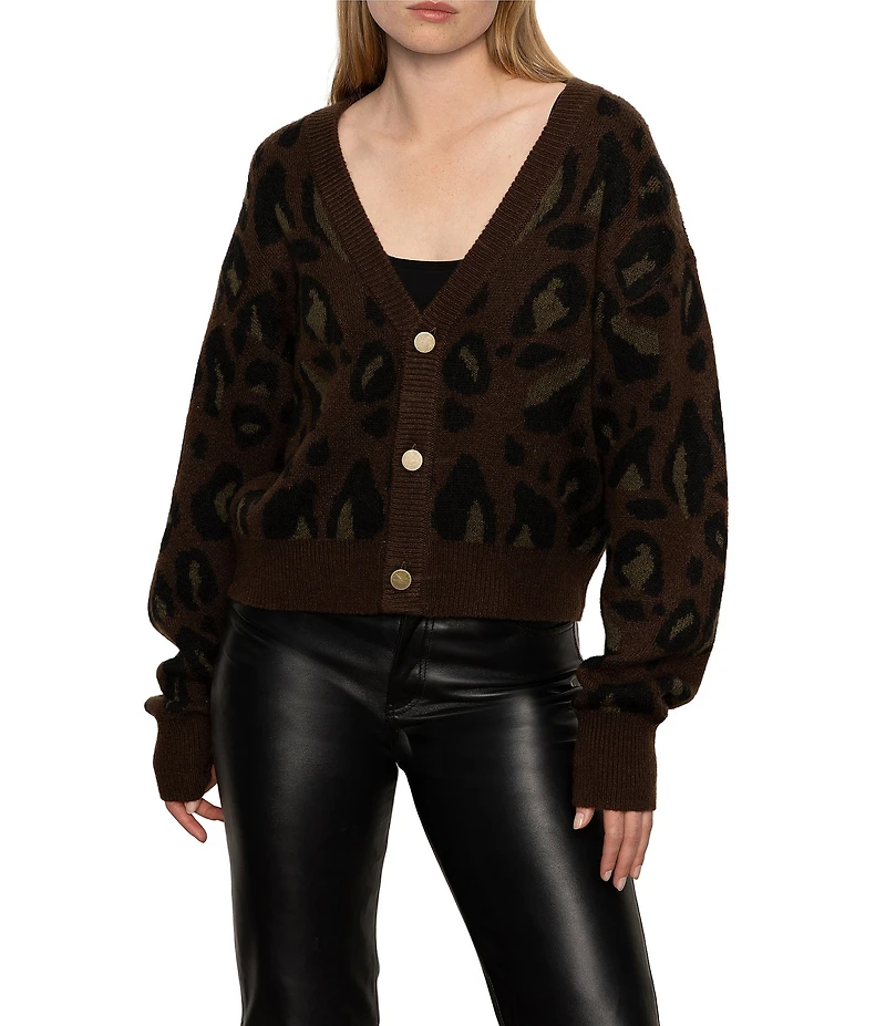 Sanctuary Meow Animal Print Fuzzy V-Neck Long Sleeve Button Front Cardigan