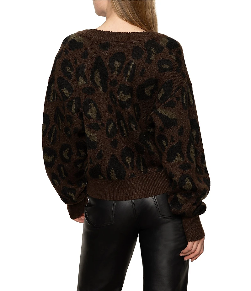 Sanctuary Meow Animal Print Fuzzy V-Neck Long Sleeve Button Front Cardigan