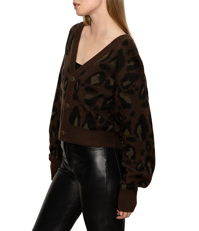Sanctuary Meow Animal Print Fuzzy V-Neck Long Sleeve Button Front Cardigan