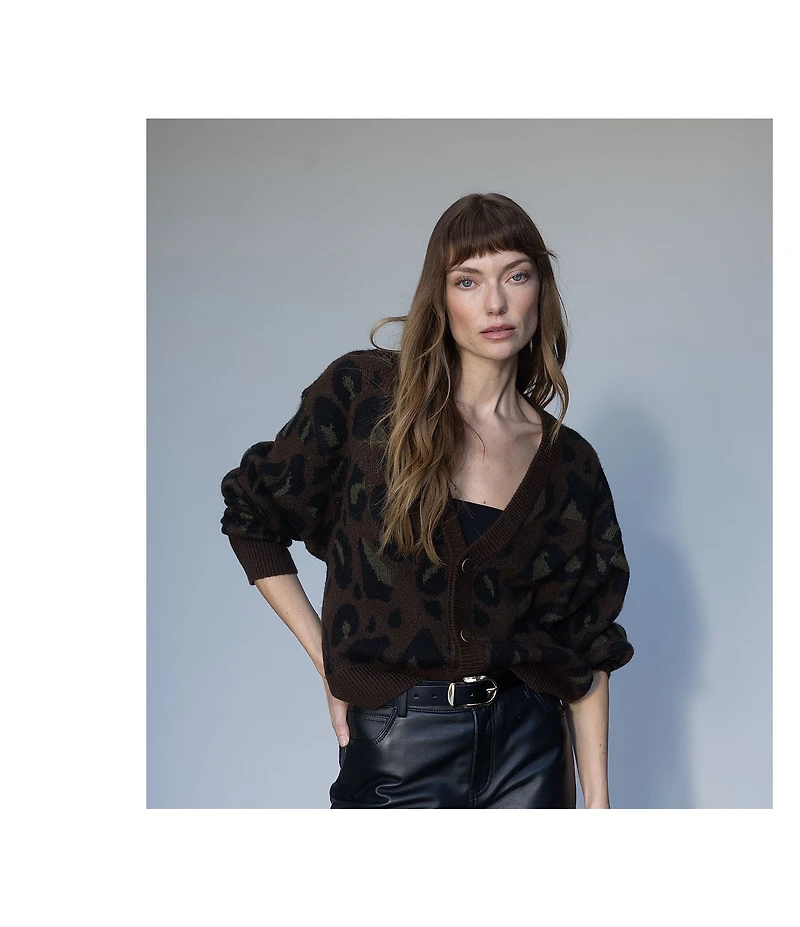 Sanctuary Meow Animal Print Fuzzy V-Neck Long Sleeve Button Front Cardigan