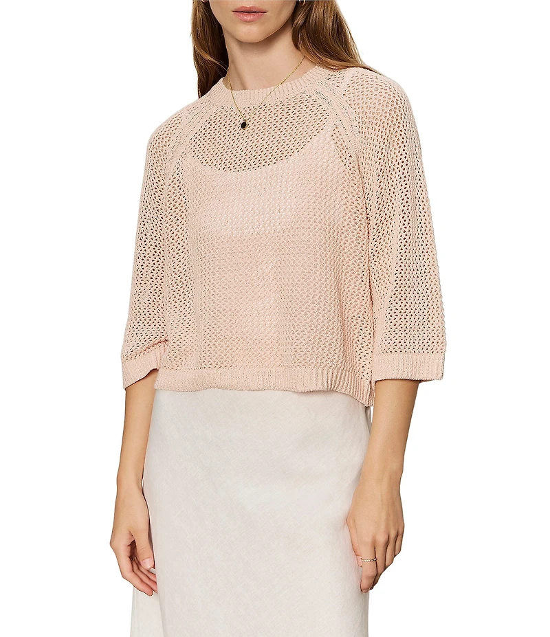 Sanctuary Metallic Crew Neck Short Raglan Sleeve Crochet Sweater Tee