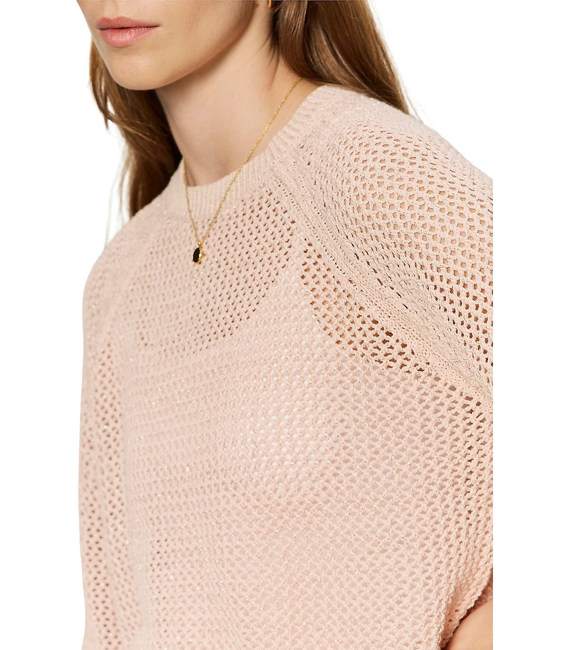 Sanctuary Metallic Crew Neck Short Raglan Sleeve Crochet Sweater Tee