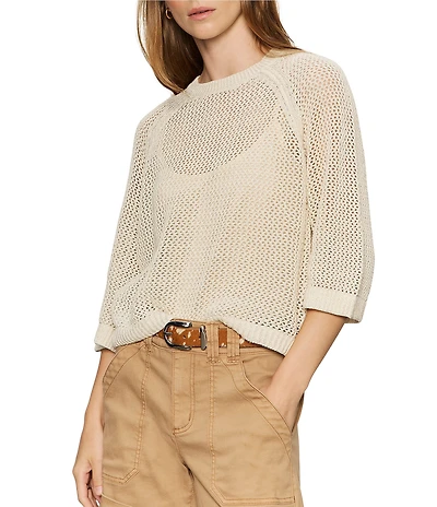 Sanctuary Metallic Crew Neck Short Raglan Sleeve Crochet Sweater Tee