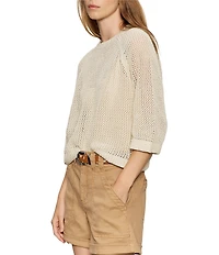Sanctuary Metallic Crew Neck Short Raglan Sleeve Crochet Sweater Tee