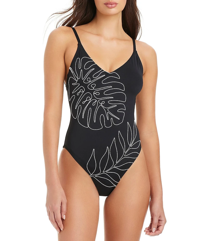 Sanctuary Midnight Breeze Palm Leaf Print V-Neck Tank One Piece Swimsuit