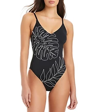 Sanctuary Midnight Breeze Palm Leaf Print V-Neck Tank One Piece Swimsuit