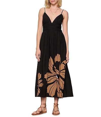 Sanctuary Mira Embellished Linen V-Neck Sleeveless Volume Maxi Dress
