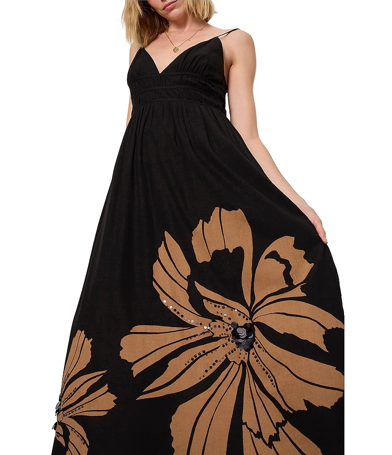 Sanctuary Mira Embellished Linen V-Neck Sleeveless Volume Maxi Dress