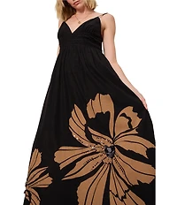 Sanctuary Mira Embellished Linen V-Neck Sleeveless Volume Maxi Dress