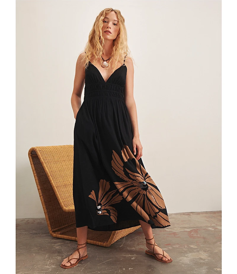 Sanctuary Mira Embellished Linen V-Neck Sleeveless Volume Maxi Dress