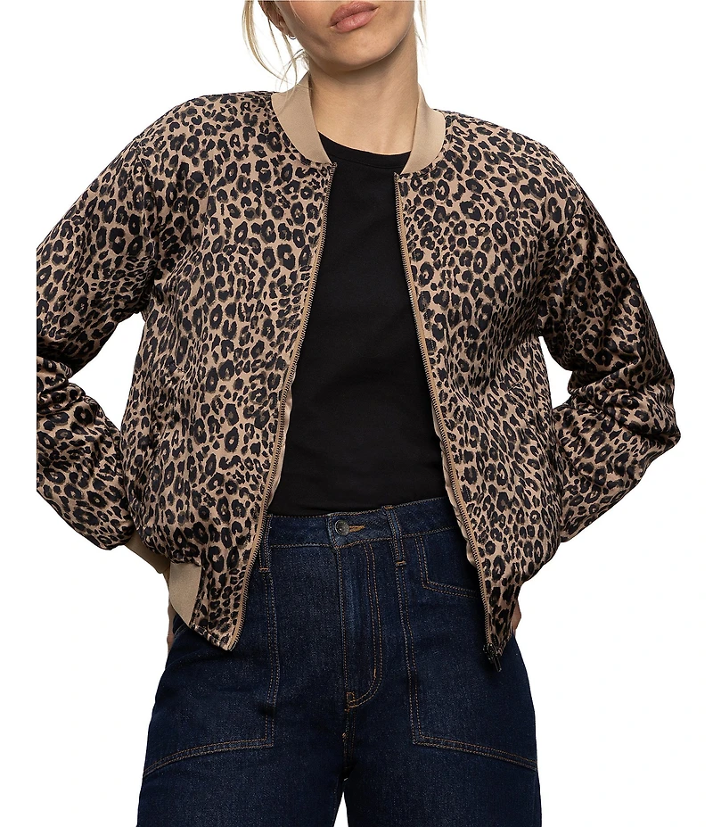 Sanctuary Monroe Leopard Print Sateen Banded Long Sleeve Bomber Jacket