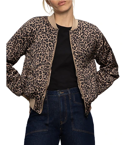 Sanctuary Monroe Leopard Print Sateen Banded Long Sleeve Bomber Jacket