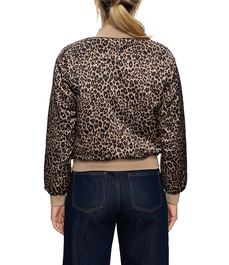 Sanctuary Monroe Leopard Print Sateen Banded Long Sleeve Bomber Jacket