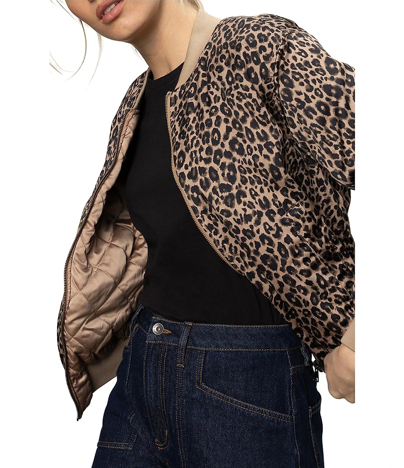 Sanctuary Monroe Leopard Print Sateen Banded Long Sleeve Bomber Jacket