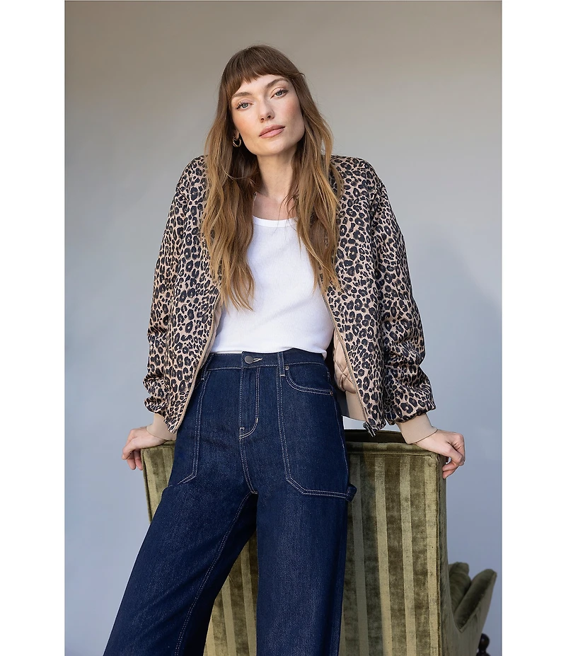 Sanctuary Monroe Leopard Print Sateen Banded Long Sleeve Bomber Jacket