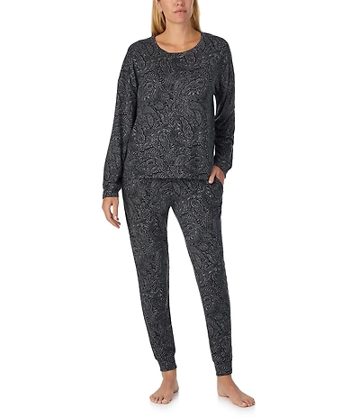 Sanctuary Mosaic Print Long Sleeve Round Neck Knit Jogger Long Pajama Set
