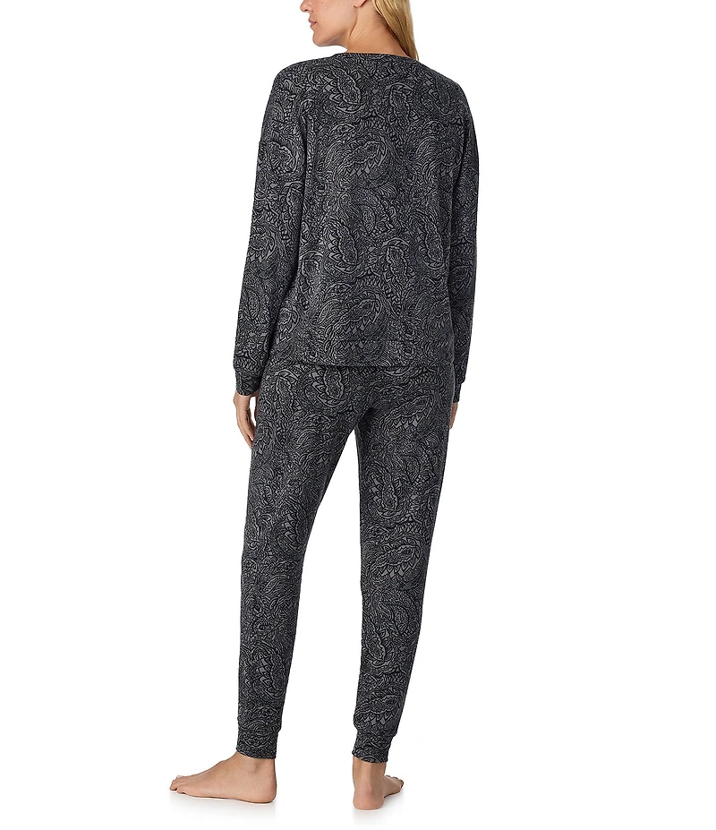 Sanctuary Mosaic Print Long Sleeve Round Neck Knit Jogger Long Pajama Set