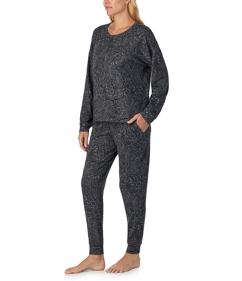 Sanctuary Mosaic Print Long Sleeve Round Neck Knit Jogger Long Pajama Set