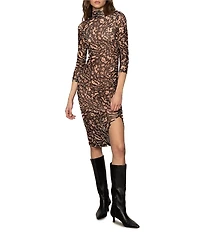 Sanctuary Night Out Printed Mock Neck 3/4 Sleeve Mesh Midi Dress