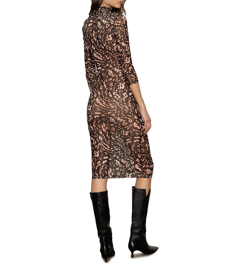 Sanctuary Night Out Printed Mock Neck 3/4 Sleeve Mesh Midi Dress