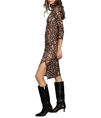 Sanctuary Night Out Printed Mock Neck 3/4 Sleeve Mesh Midi Dress