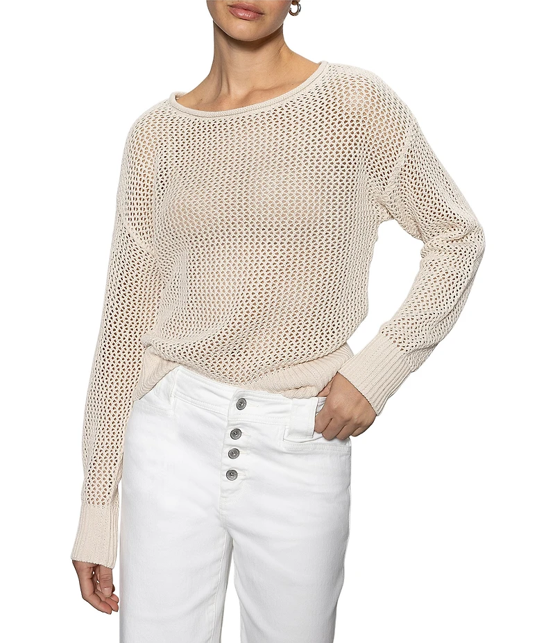 Sanctuary Cotton Open Knit Crew Neck Long Sleeve Sweater