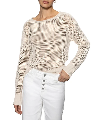 Sanctuary Cotton Open Knit Crew Neck Long Sleeve Sweater