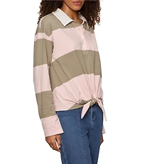 Sanctuary Organic Cotton Rugby Tie Front Polo Collar Long Sleeve Tee